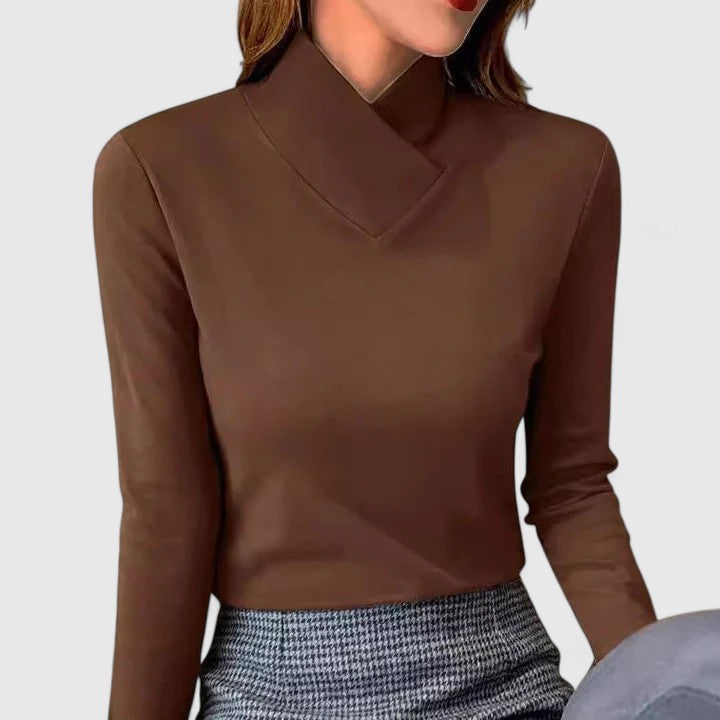 Women’s Fitted High-Neck Top – Asymmetric Long Sleeve Style for Office and Evening Wear