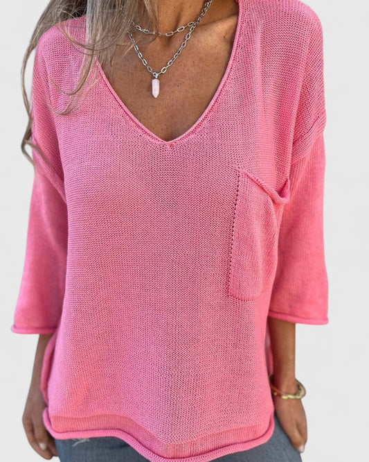 Women’s Relaxed V-Neck Knitted Top – Lightweight Long Sleeve Layer for Spring and Autumn
