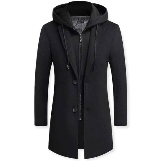Men’s Layered Hooded Overcoat – Tailored Button-Front Longline Coat with Zip-Up Insert for Autumn Smart Casual Wear