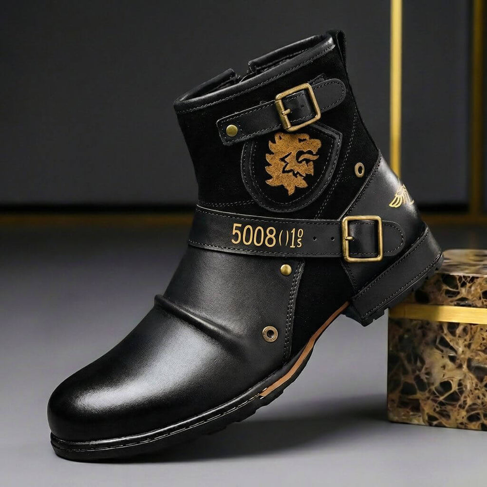 Men’s Leather Buckle Boots – Suede-Panelled Vintage Ankle Footwear for Autumn and Winter