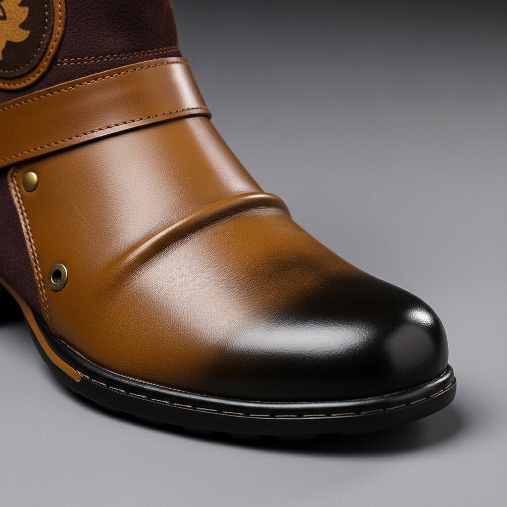 Men’s Leather Buckle Boots – Suede-Panelled Vintage Ankle Footwear for Autumn and Winter