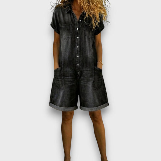 Women’s Cotton Denim-Look Playsuit – Relaxed Button-Front Style with Utility Pockets for Summer Travel