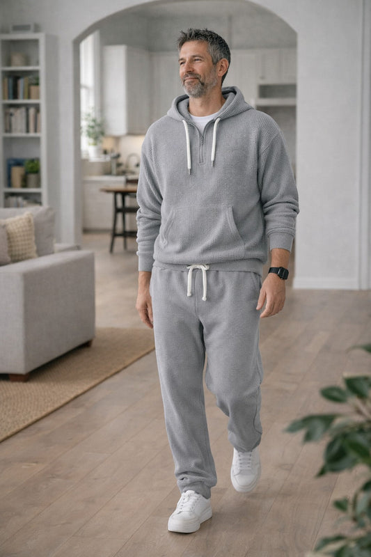 Men’s Waffle-Knit Tracksuit – Relaxed Half-Zip Hoodie and Joggers for Travel and Lounging