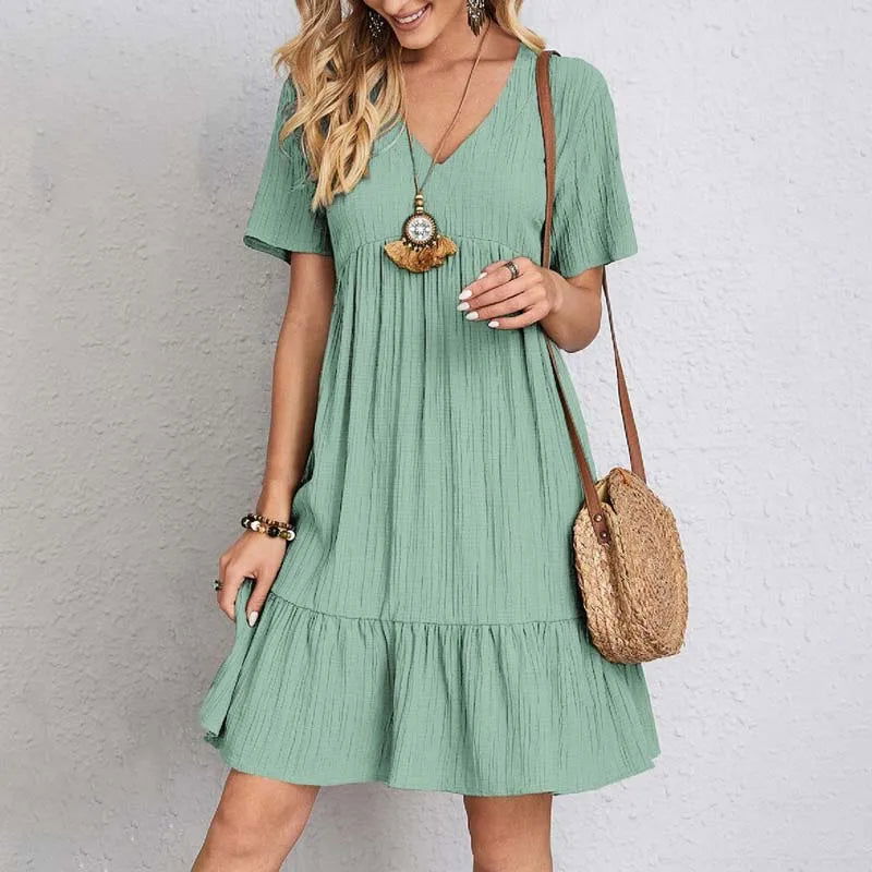Women’s V-Neck Tiered Short Dress – Relaxed Empire-Waist Summer Style