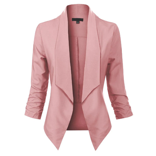 Women’s Open-Front Blazer – Ruched-Sleeve Smart Layer for Office and Occasion Wear