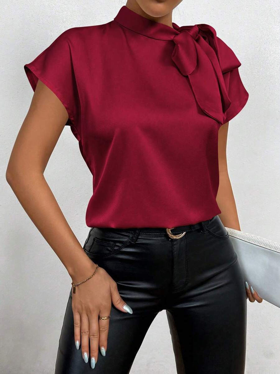 Women’s Satin Bow-Neck Blouse – Elegant Short-Sleeve Style for Office and Evening Wear