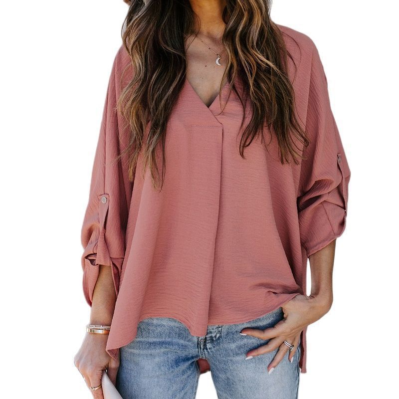 Women’s Long Sleeve Blouse – V-Neck with Roll-Up Tab Sleeves