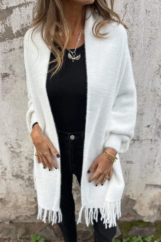 Women’s Plush Knit Fringe Cardigan – Soft Open-Front Layer for Cooler Seasons