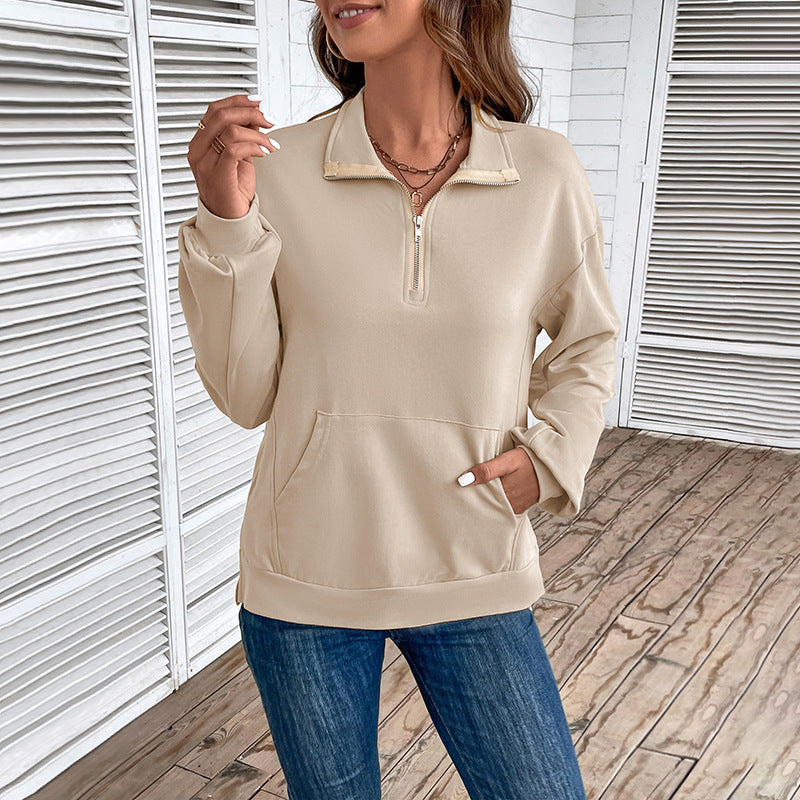 Women’s Half-Zip Collared Sweatshirt – Relaxed Pullover with Kangaroo Pocket