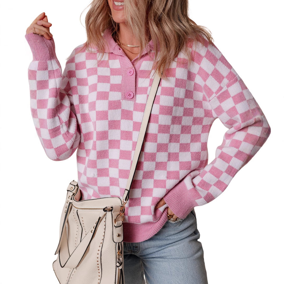 Women’s Checkerboard Collared Knit Sweater – Relaxed Button-Neck Pullover for Casual Layering