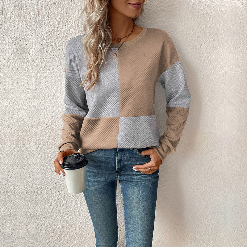 Women’s Geometric Patchwork Sweatshirt – Textured Crew-Neck Pullover for Modern Casual Styling