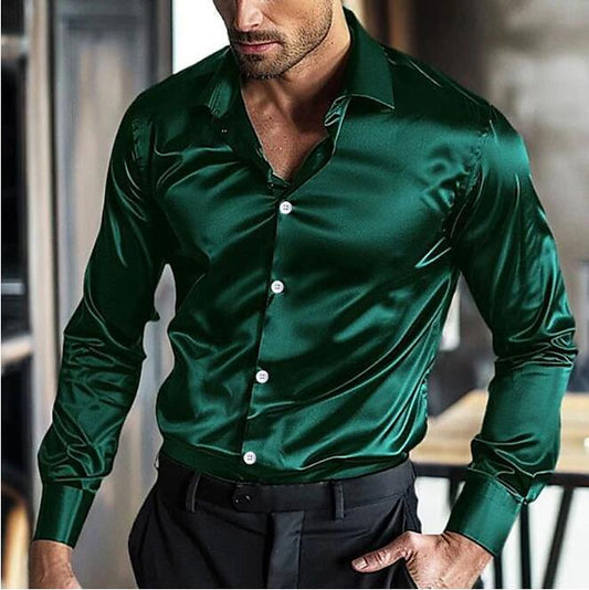 Men’s Satin Button-Up Shirt – Slim-Fit Long-Sleeve Dress Shirt with Contrast Buttons for Evening and Formal Wear