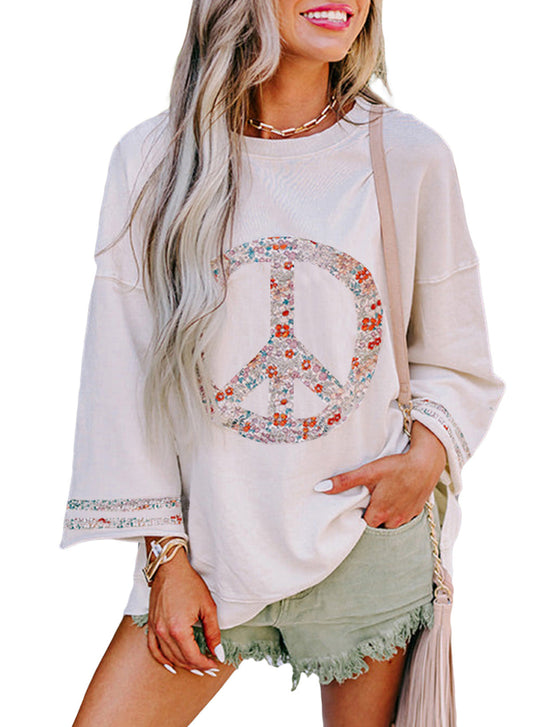 Women’s Floral Peace Graphic Sweatshirt – Relaxed Statement Pullover with Wide Sleeves