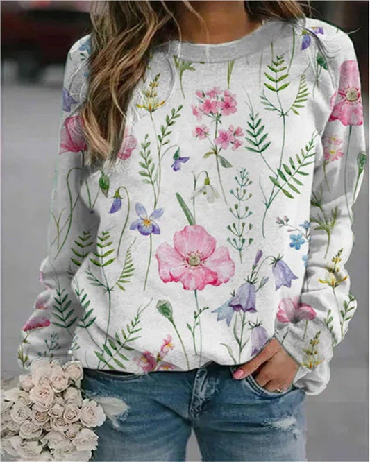 Women’s Artistic Print Sweatshirt – Easy Crew Neck Pullover for Weekend Styling