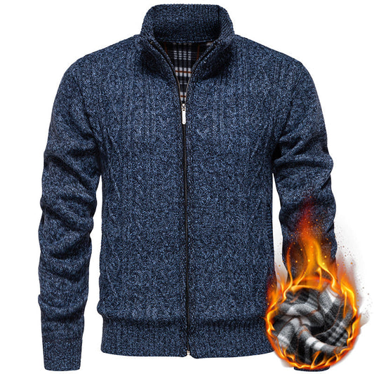 Men’s Zip-Through Knitted Jacket – Cable Pattern with Stand Collar