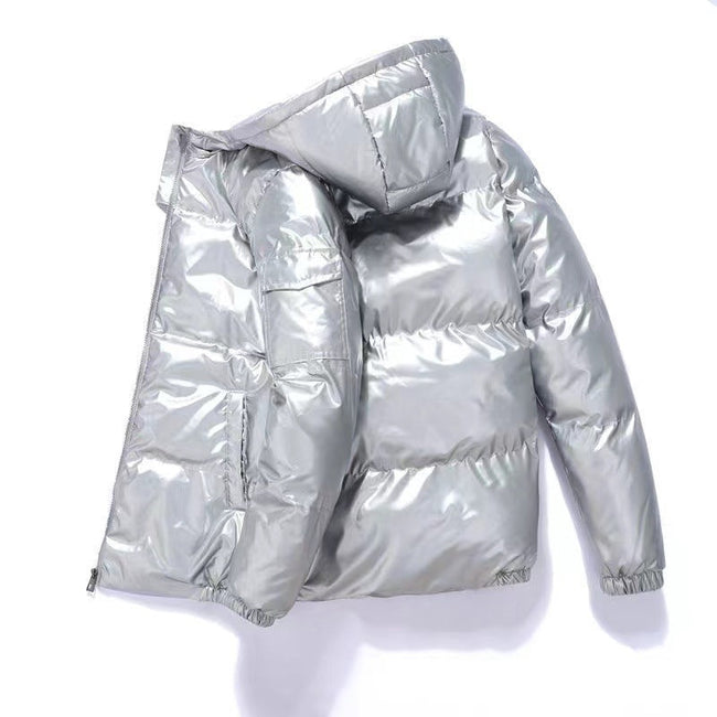 Men’s Hooded Puffer Jacket – Glossy Quilted Finish with Side Pockets