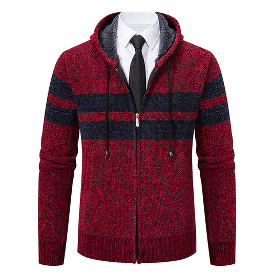 Men’s Zip Hoodie – Marled Knit with Chest Stripes and Concealed Zip