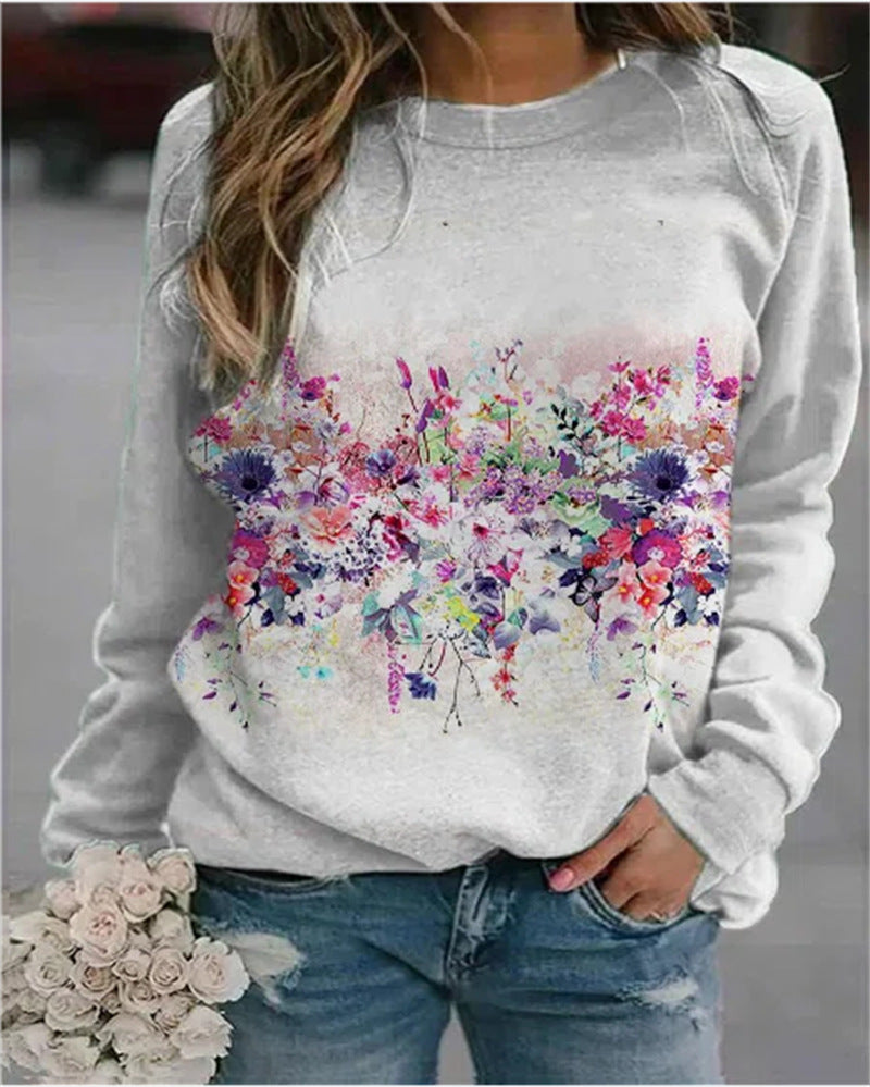 Women’s Artistic Print Sweatshirt – Easy Crew Neck Pullover for Weekend Styling