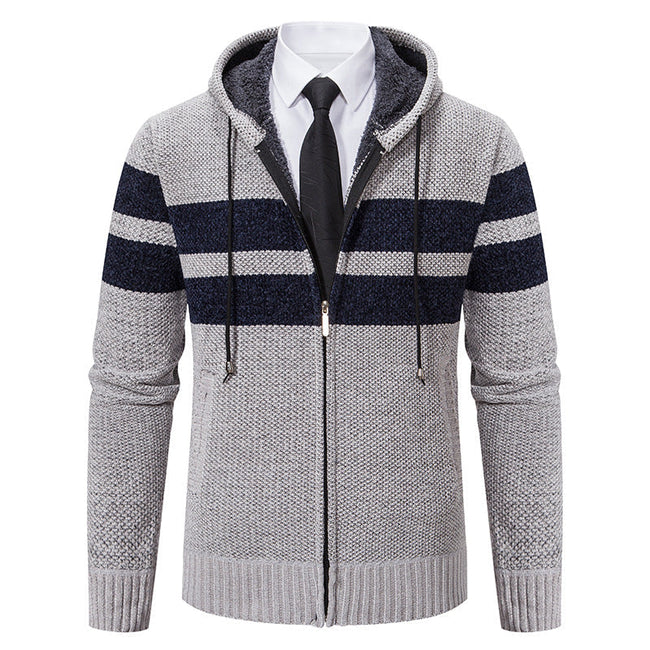 Men’s Zip Hoodie – Marled Knit with Chest Stripes and Concealed Zip