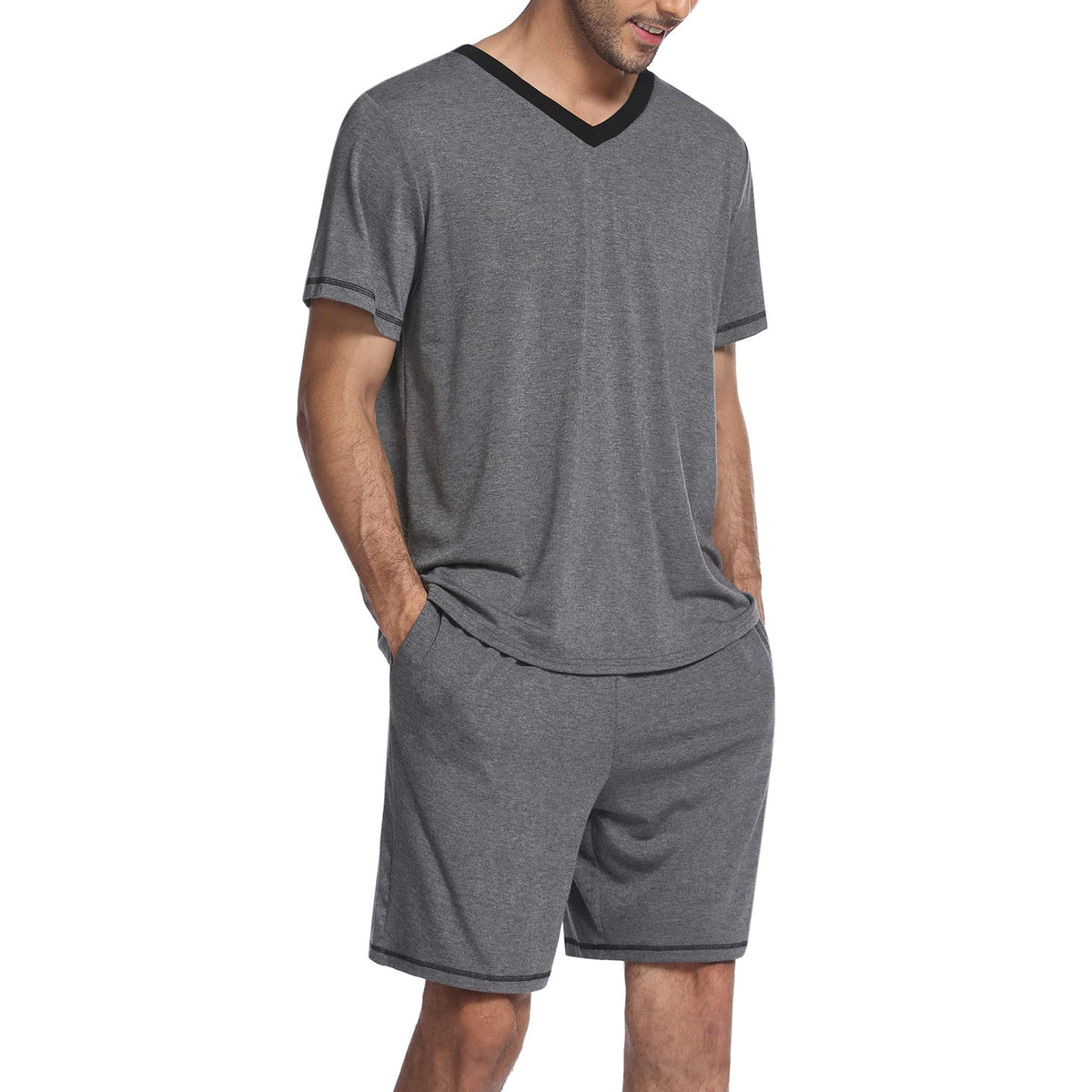 Men’s V-Neck Two-Piece Sports Set – Relaxed Short-Sleeve Top with Matching Training Shorts