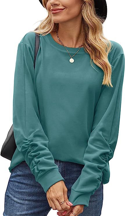 Women’s Ruched-Sleeve Sweatshirt – Relaxed Crew-Neck Pullover with Gathered Cuffs