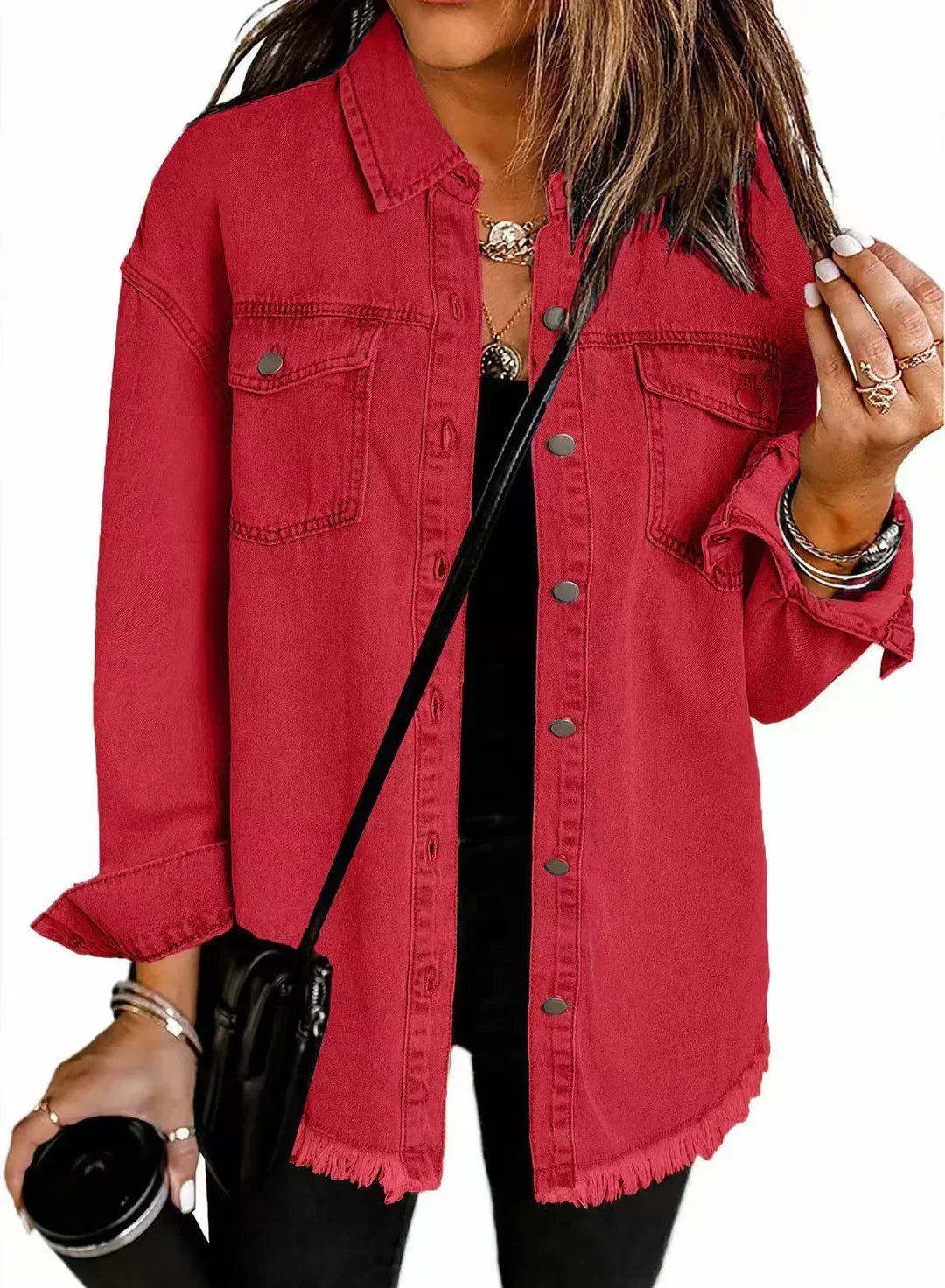 Women’s Oversized Denim Jacket – Fringed Hem with Press Studs