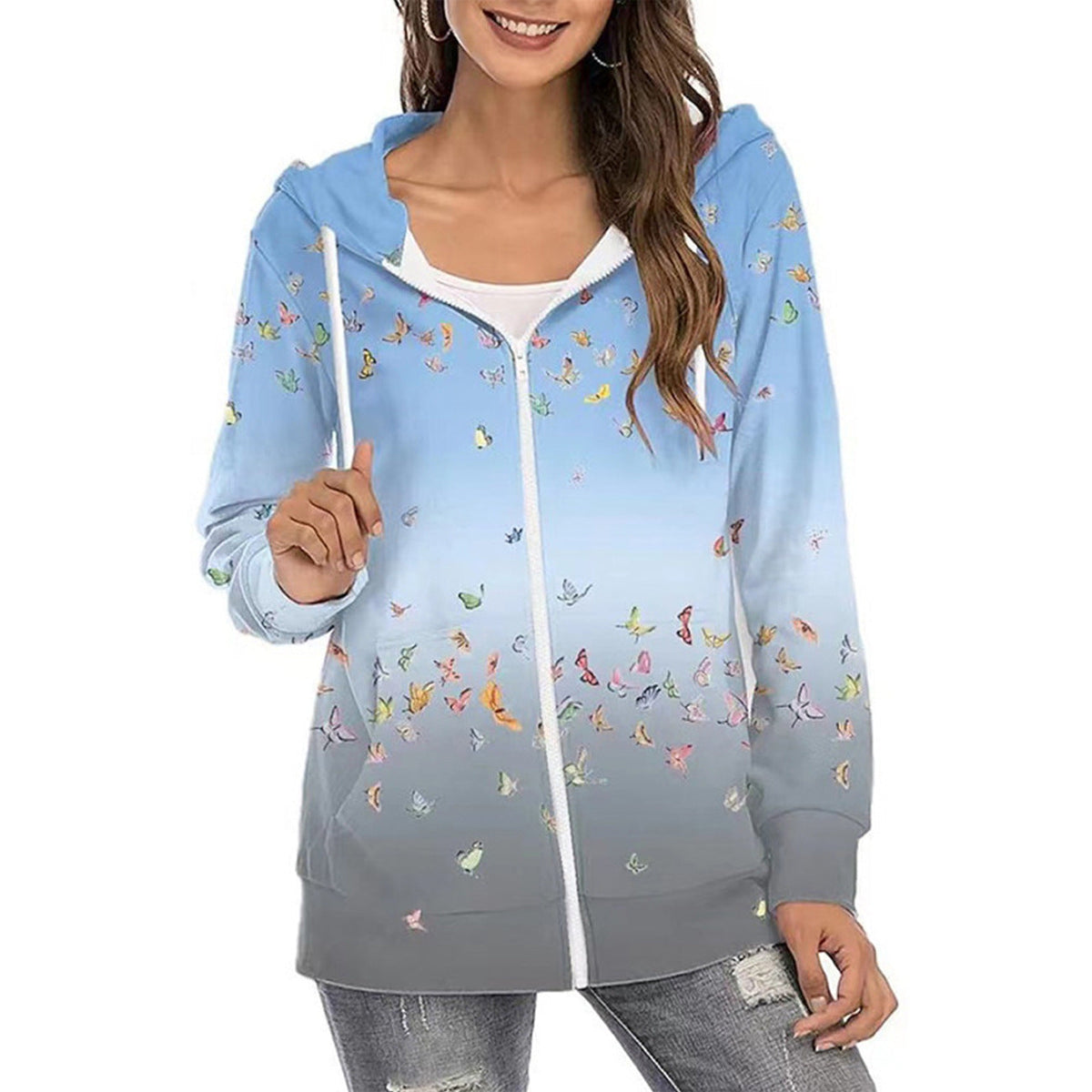 Women’s Butterfly Print Zip-Up Hoodie – Lightweight Casual Layer with Gradient Design