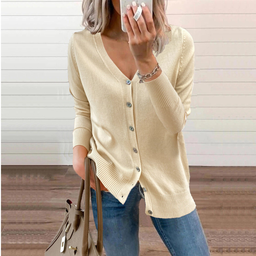 Women’s V-Neck Knit Cardigan – Relaxed Button Layer for Autumn and Winter