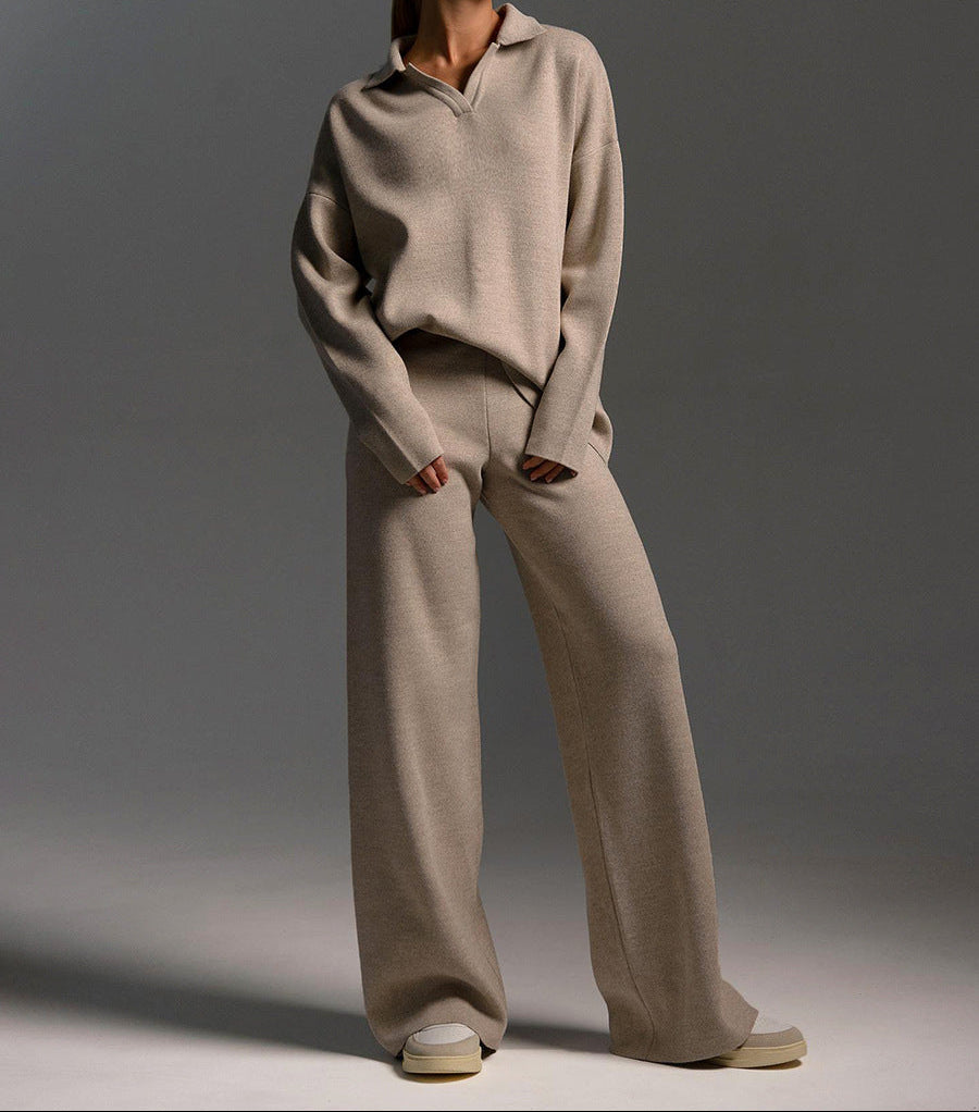 Women’s Relaxed Two-Piece Co-Ord Set – Collared Sweater and Wide-Leg Trousers
