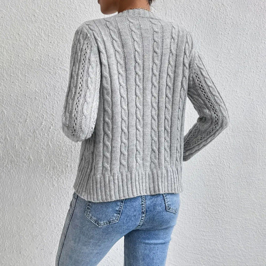 Women’s Cable-Knit Cardigan – Round Neck with Button Placket