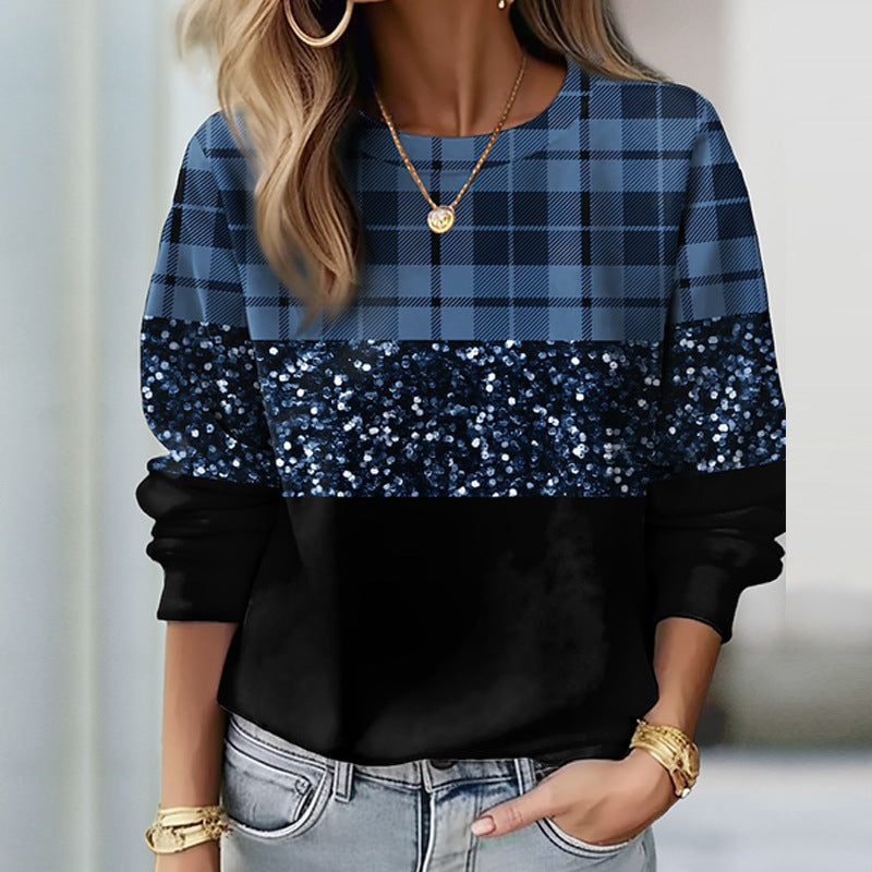 Women’s Sequin Plaid Panel Sweatshirt – Relaxed Crew-Neck Pullover with Sparkle Detail