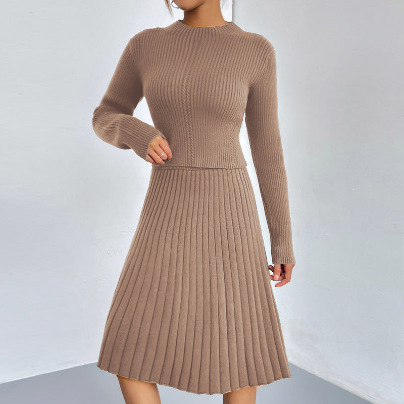 Women’s Pleated Knit Two-Piece Set – Ribbed Crew-Neck Jumper and A-Line Skirt for Smart Casual Wear