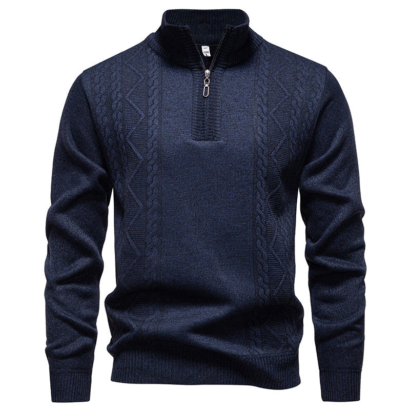 Men’s Half-Zip Knit Jumper – High Stand Collar with Cable Panels