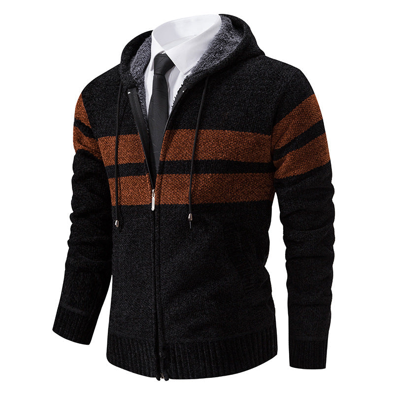 Men’s Zip Hoodie – Marled Knit with Chest Stripes and Concealed Zip