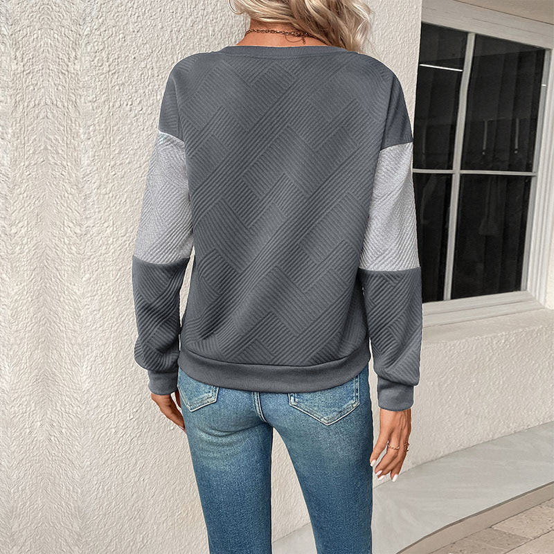 Women’s Geometric Patchwork Sweatshirt – Textured Crew-Neck Pullover for Modern Casual Styling