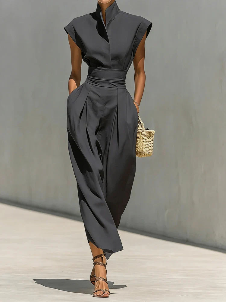 Women’s Structured Midi Dress with Stand Collar – Tailored Office and Evening Style