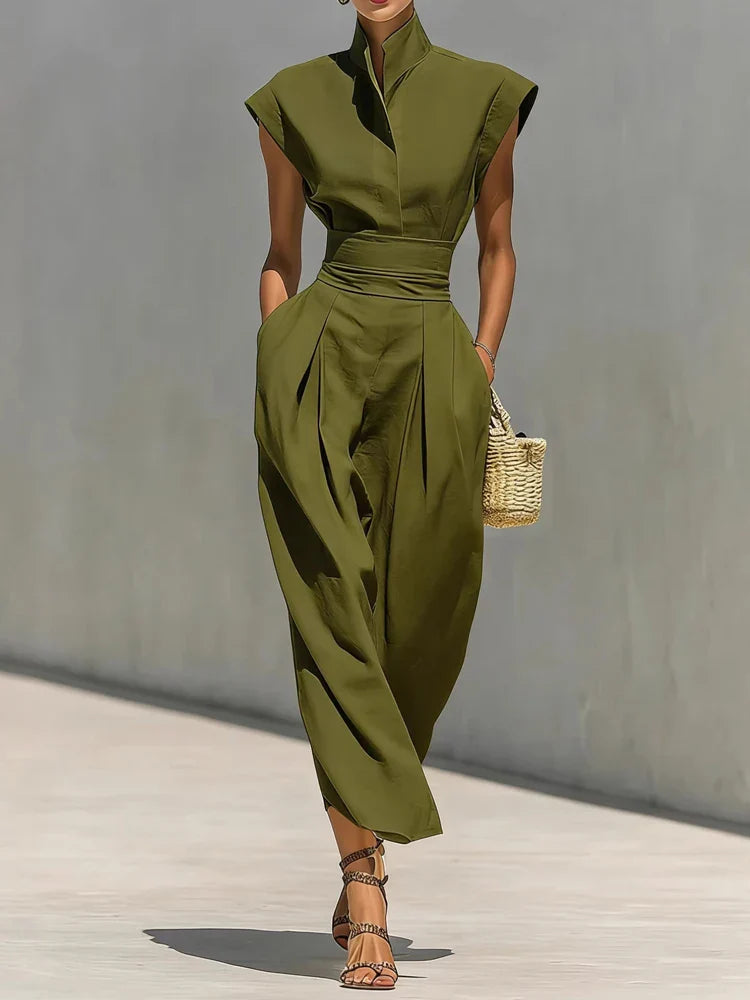 Women’s Structured Midi Dress with Stand Collar – Tailored Office and Evening Style