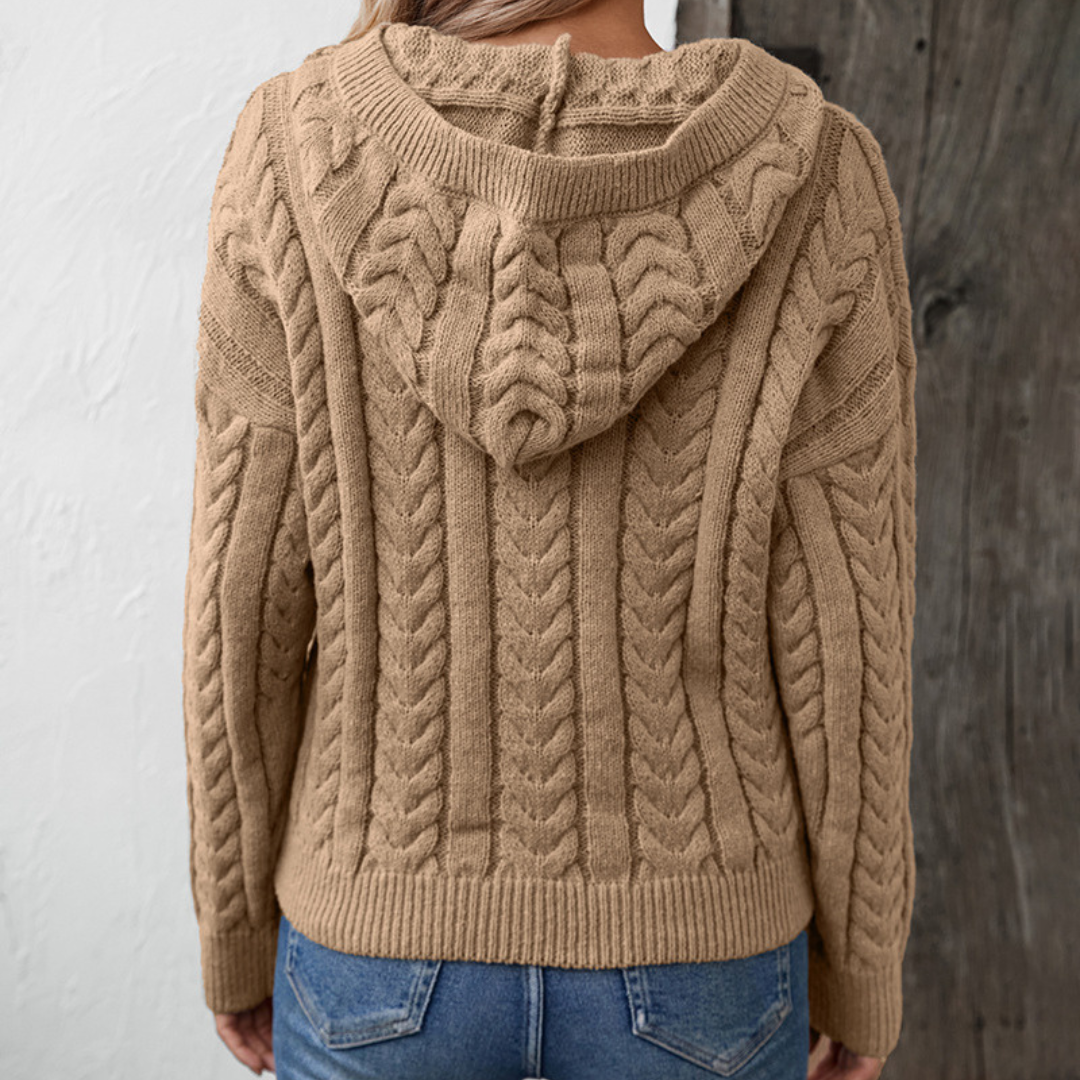Women’s Cable-Knit Jumper – Hooded with Button Placket
