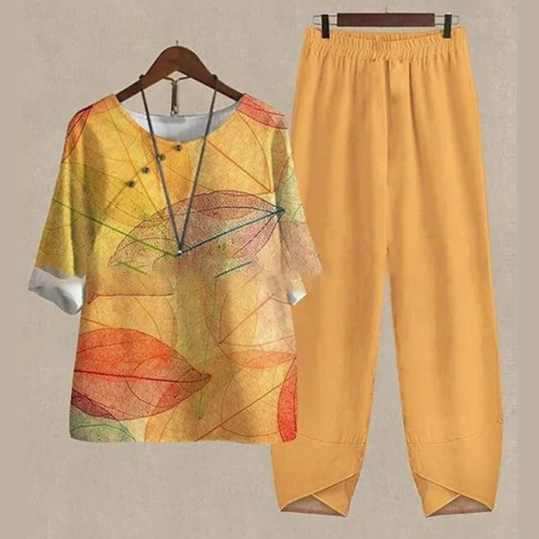 Women’s Two-Piece Set – Butterfly-Print Tunic with Elasticated-Waist Trousers