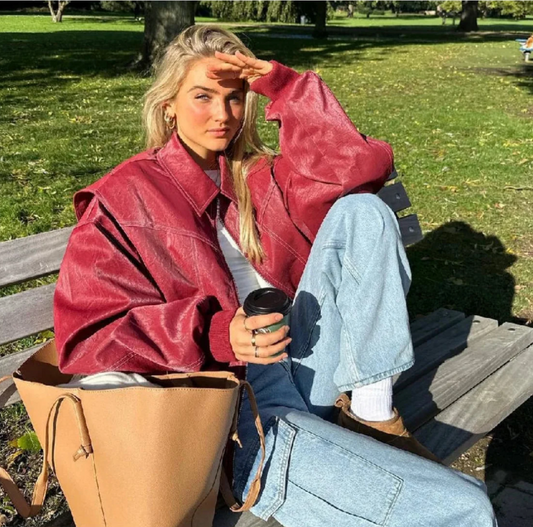 Women’s Oversized Vegan Leather Bomber Jacket – Modern Streetwear Layer for Day and Evening