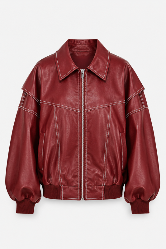 Women’s Oversized Bomber Jacket – Contrast-Stitch Zip Layer for Spring and Autumn