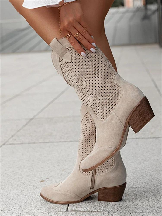 Women’s Cowboy Boots – Block Heel with Perforated Detail
