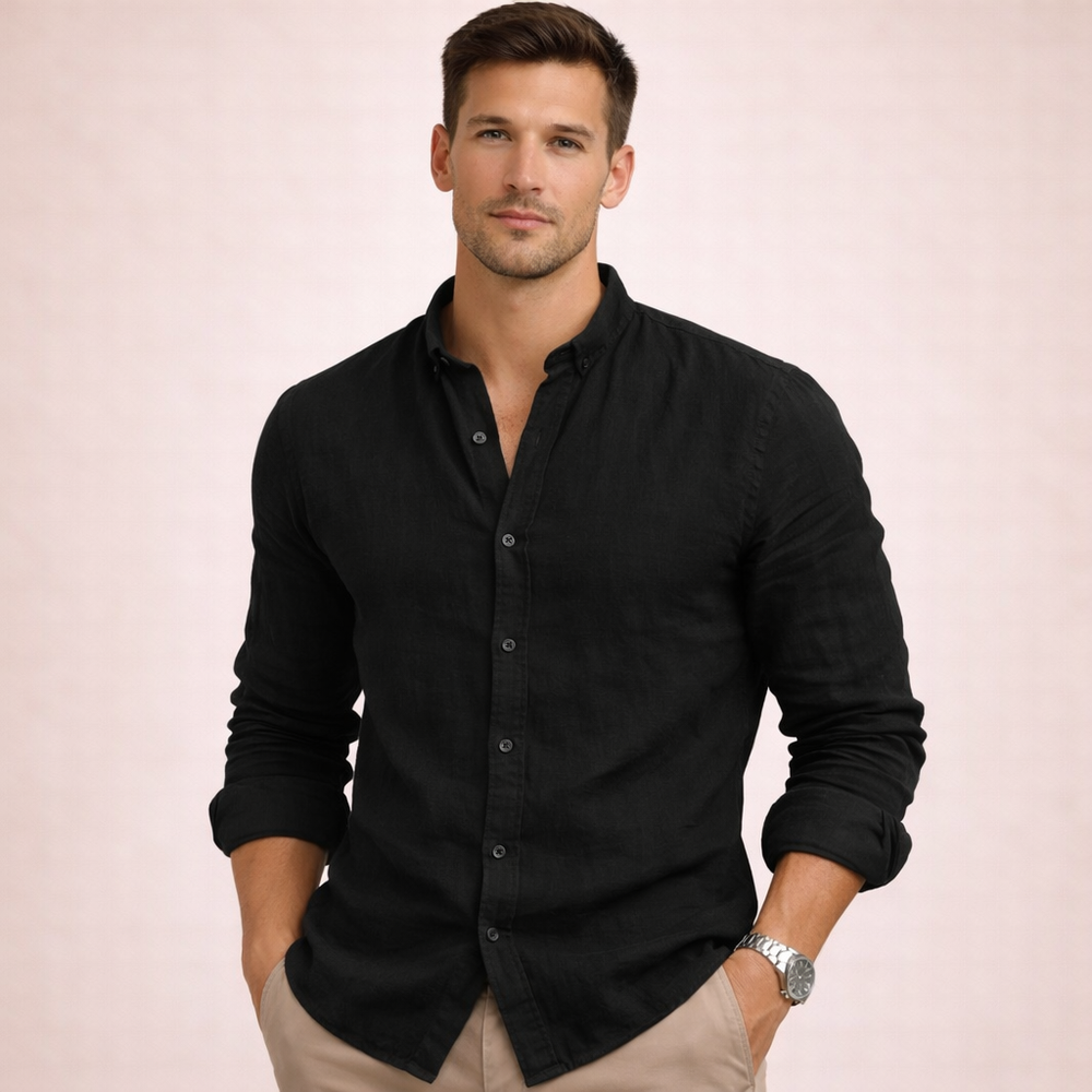 Men’s Linen Grandad Collar Shirt – Lightweight Breathable Button-Front Style for Summer and Holiday Wear