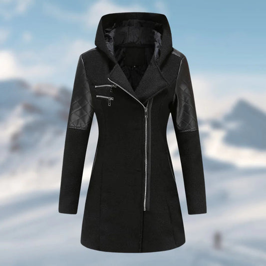 Women’s Textured Hooded Winter Coat – Asymmetric Zip Layer with Quilted Shoulder Panels