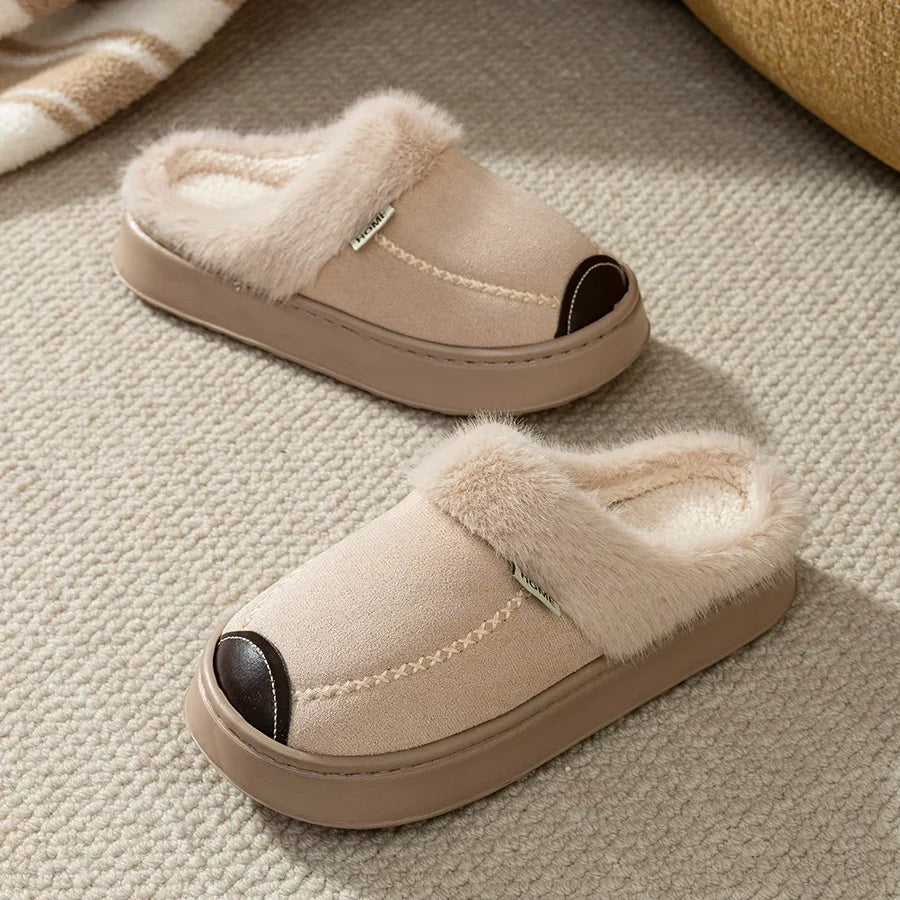 Women’s Fleece-Lined Platform Slippers – Plush-Trimmed Winter House Shoes with Contrast Stitching