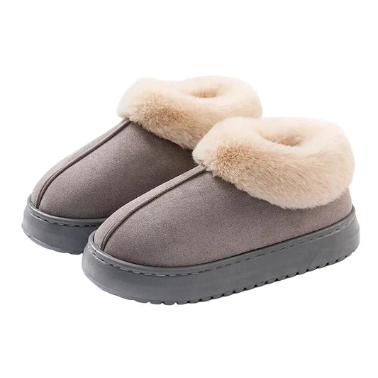 Women’s Plush-Lined Winter Slippers – Faux-Suede Platform Slip-On House Shoes with Fluffy Faux-Fur Trim