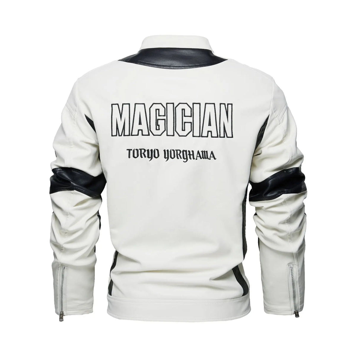 Men’s Embroidered Leather Biker Jacket – Racing-Inspired Zip-Up Design with Stand Collar