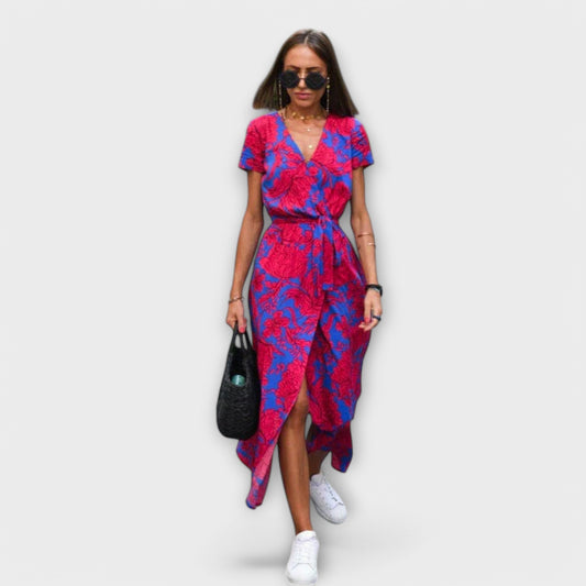 Women’s Printed Belted Maxi Dress – Relaxed V-Neck Summer Style for Travel and Day Plans