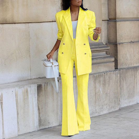 Women’s Two-Piece Set – Double-Breasted Blazer with Flared Trousers