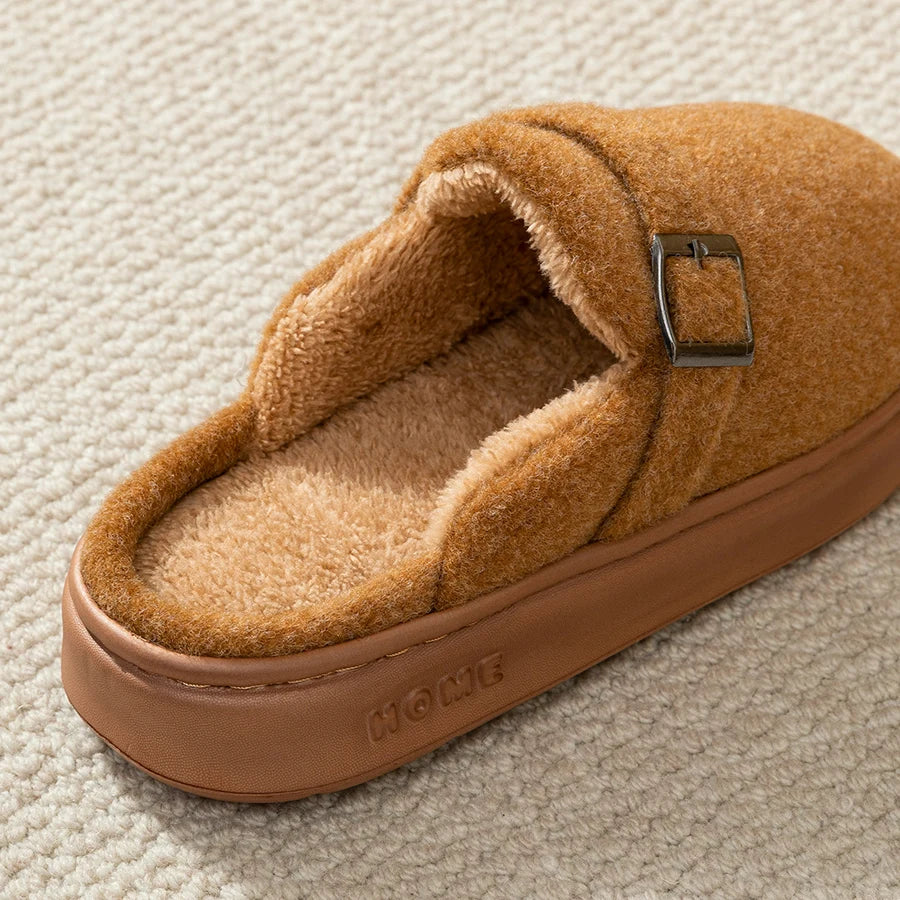 Men’s Buckle Clog Slippers – Warm Fleece-Lined House Shoes with Thick Cushioned Sole